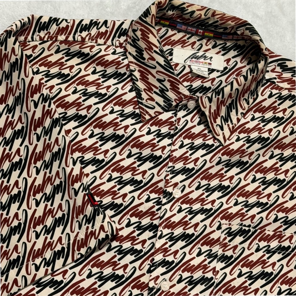 FUBU Button Up Mens XL Script All Over Print Vintage 90s Limited Edition